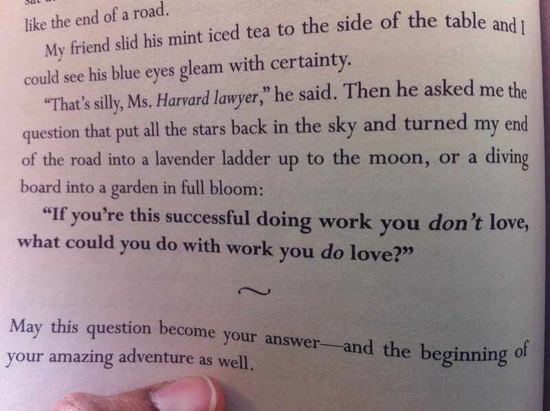 A page of a book held open, with a question about doing work you love