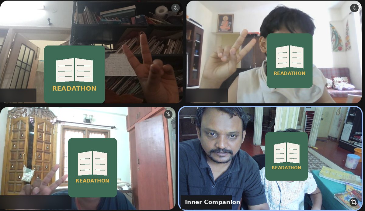 Four video tiles from a Readathon Live session — children on a call together, faces covered with a book badge for privacy
